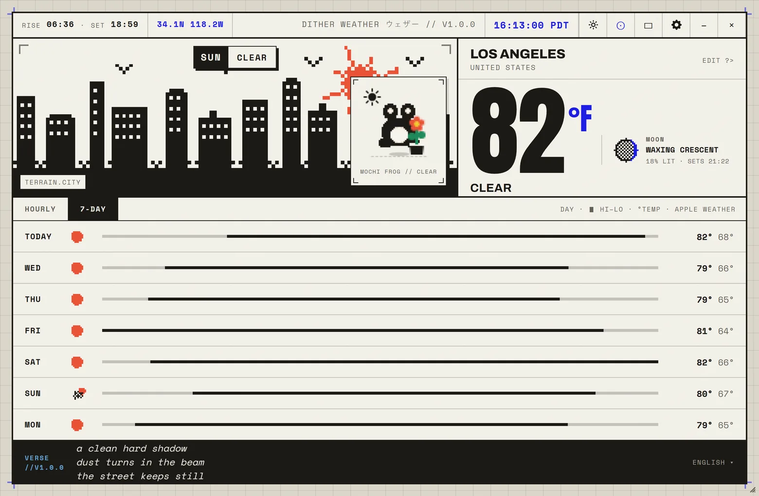 The forecast panel open, showing an hourly strip and a 7-day outlook.