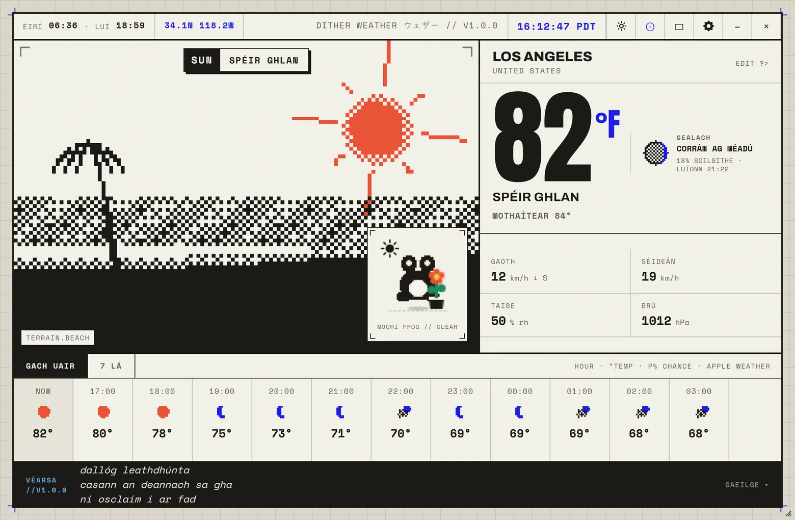 The Dither Weather interface fully translated into Irish.